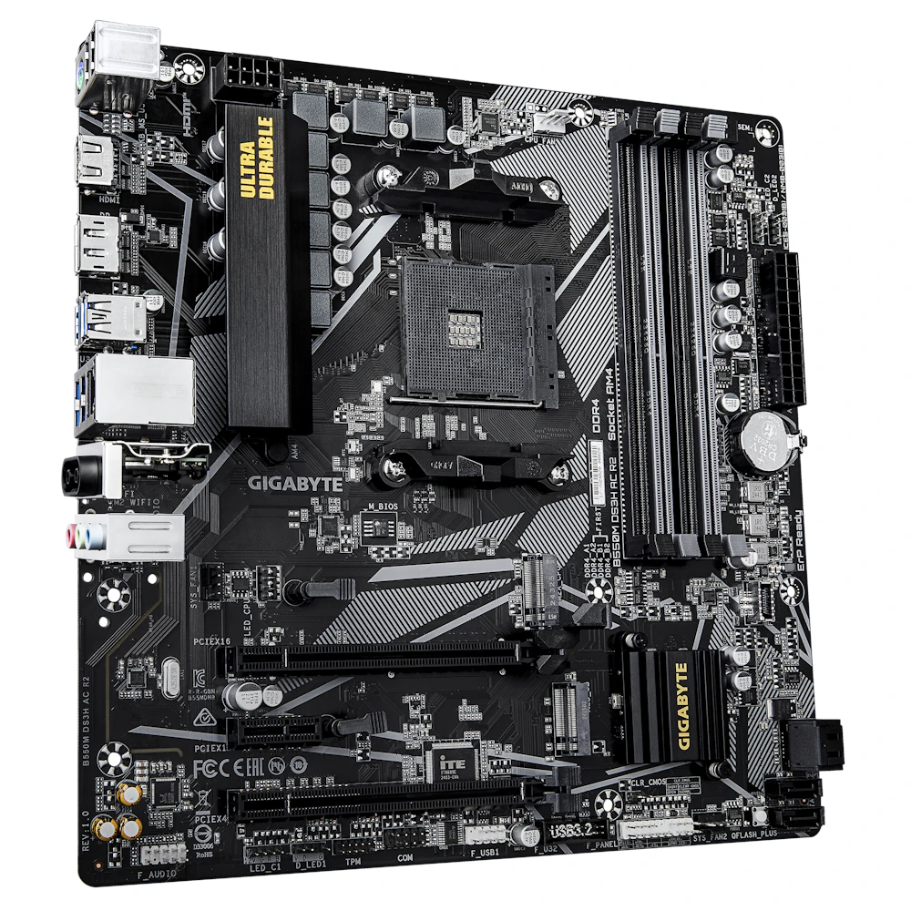 A large main feature product image of EX-DEMO Gigabyte B550M DS3H AC R2 AM4 mATX Desktop Motherboard