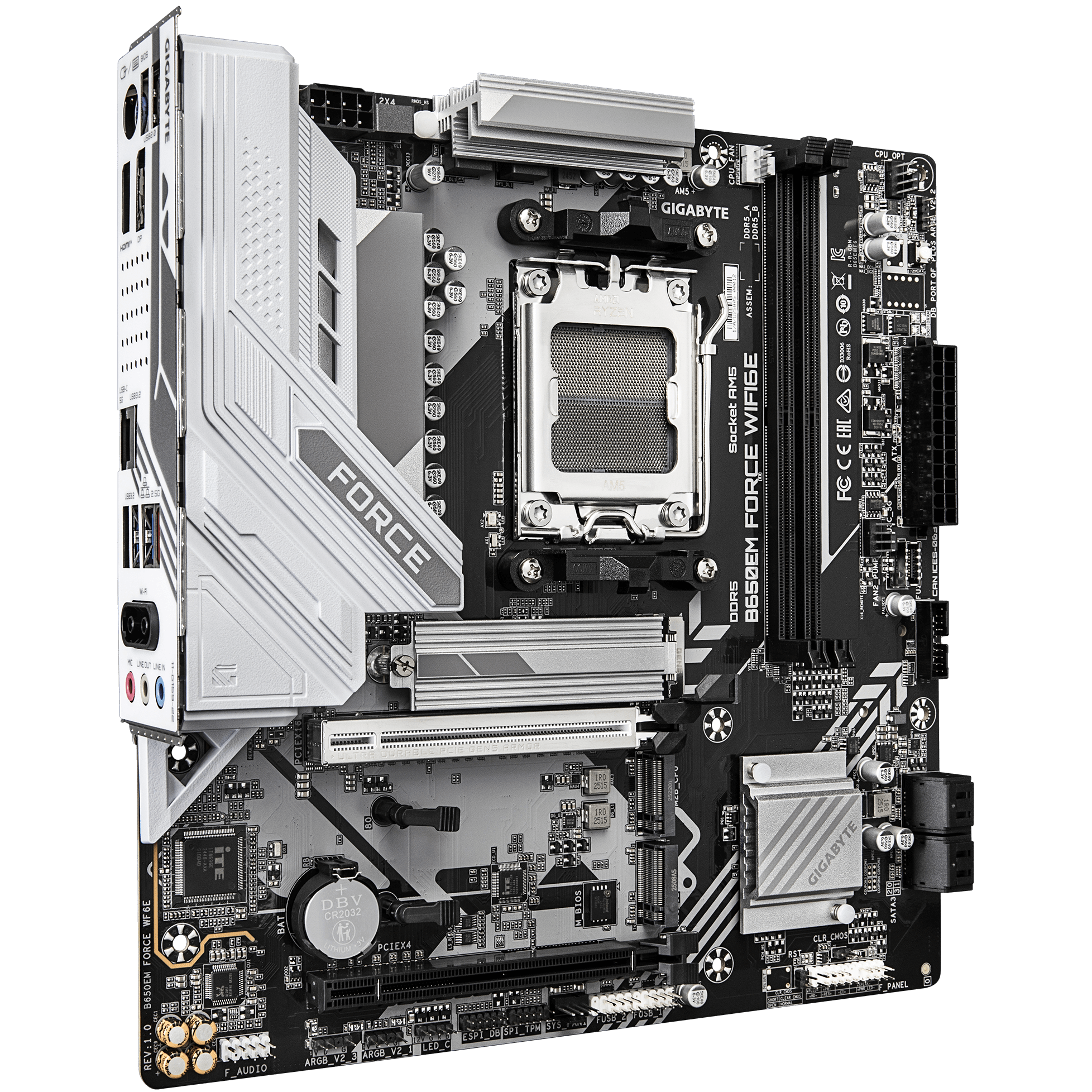 A large main feature product image of Gigabyte B650EM Force WiFi6E AM5 mATX Desktop Motherboard