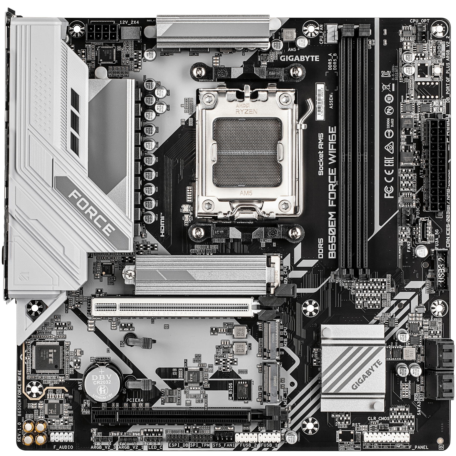 A large main feature product image of Gigabyte B650EM Force WiFi6E AM5 mATX Desktop Motherboard