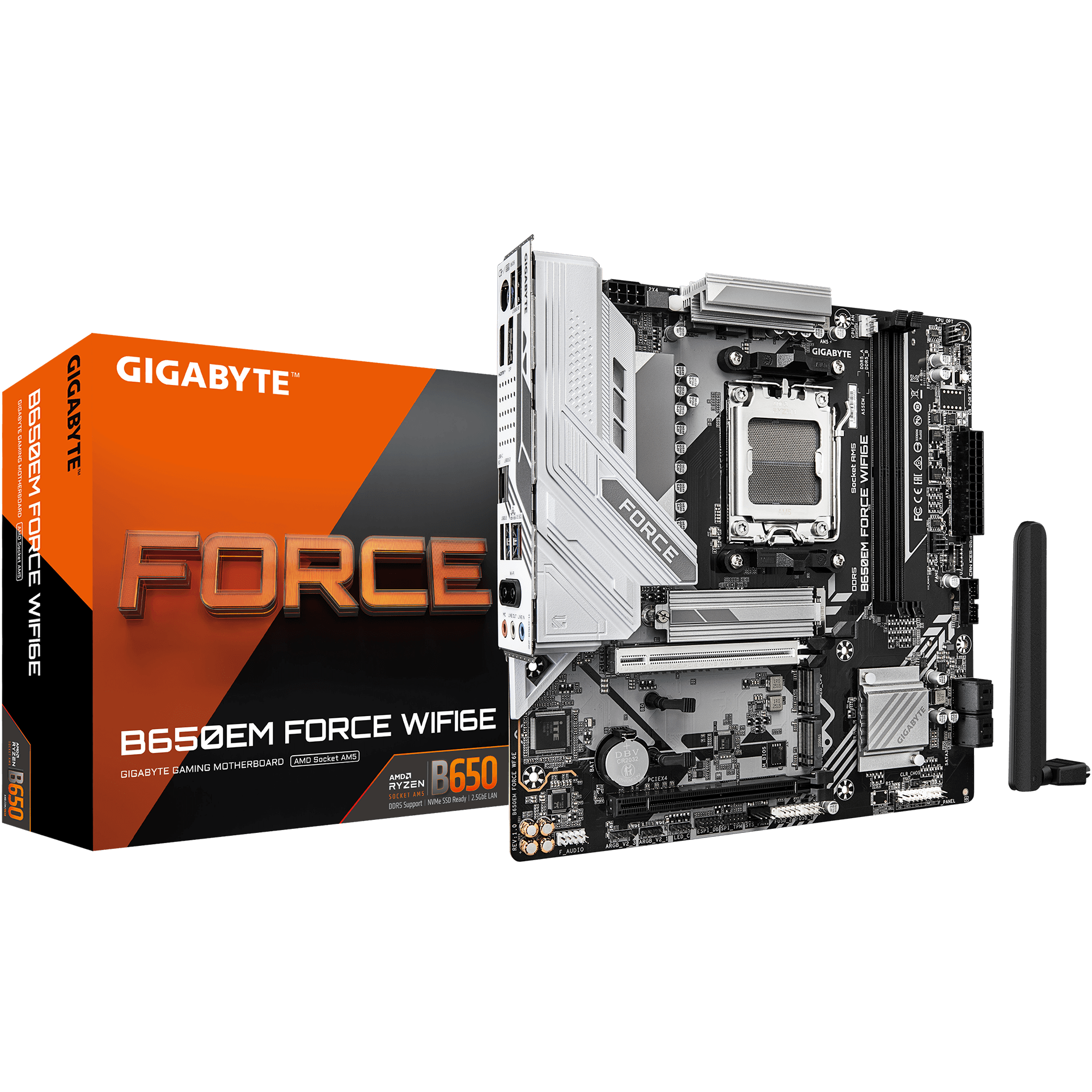 A large main feature product image of Gigabyte B650EM Force WiFi6E AM5 mATX Desktop Motherboard