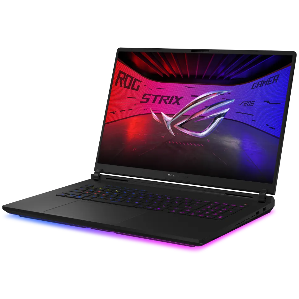 A large main feature product image of ASUS ROG Strix SCAR 18 (G835) - 18" 2.5K 240Hz, Ultra 9 290HX, RTX 5080, 32GB/1TB - Win 11 Gaming Notebook