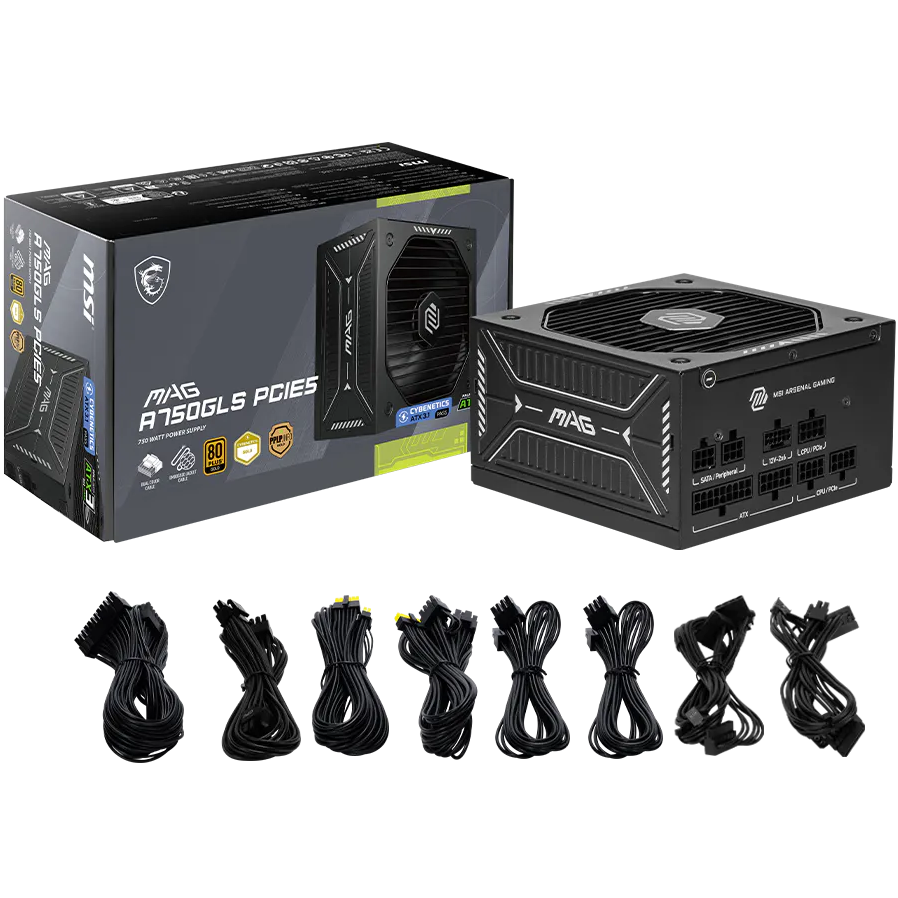 A large main feature product image of MSI MAG A750GLS - 750W Gold PCIe 5.1 ATX 3.1 Modular PSU