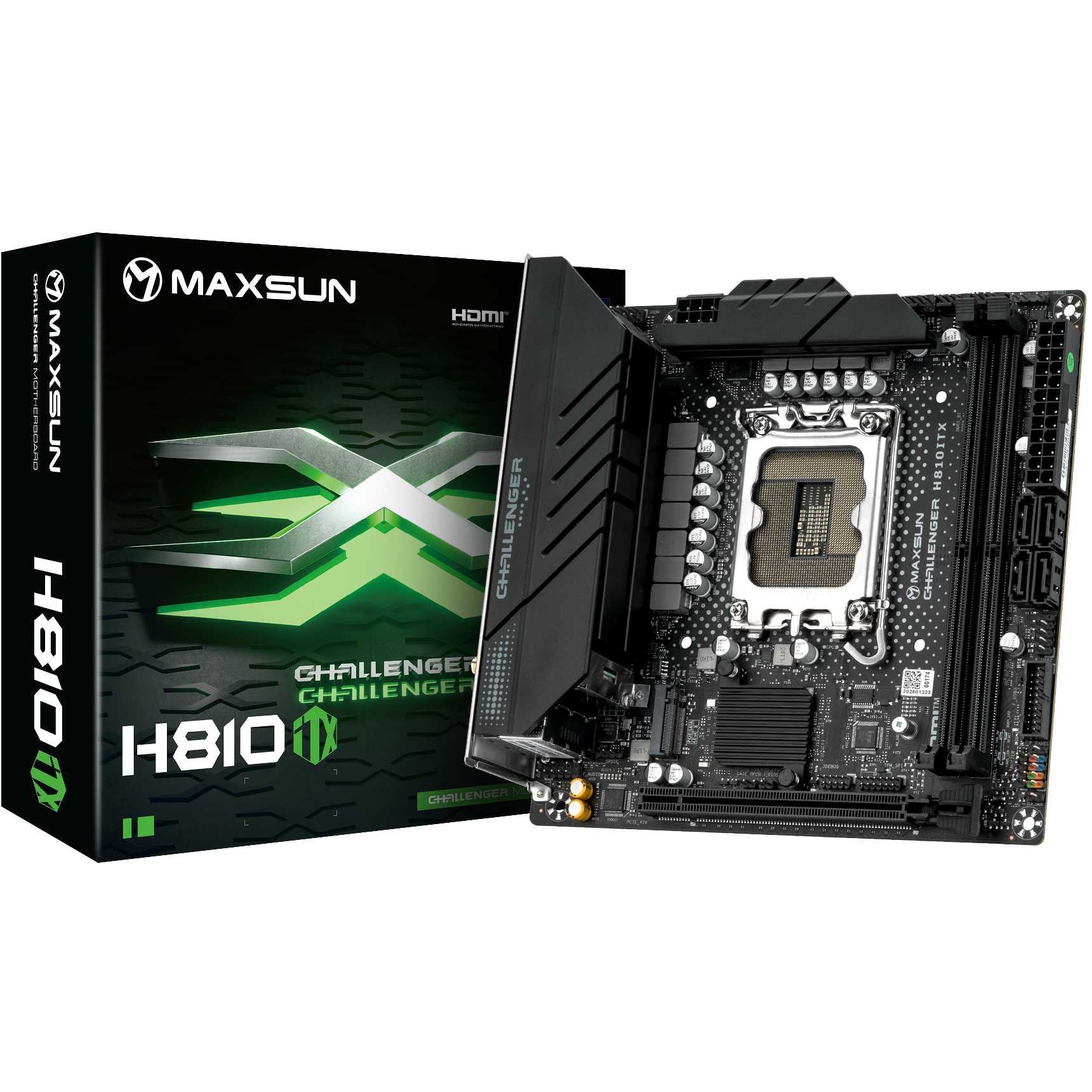 A large main feature product image of MAXSUN Challenger H810ITX WiFi LGA1851 mITX Desktop Motherboard