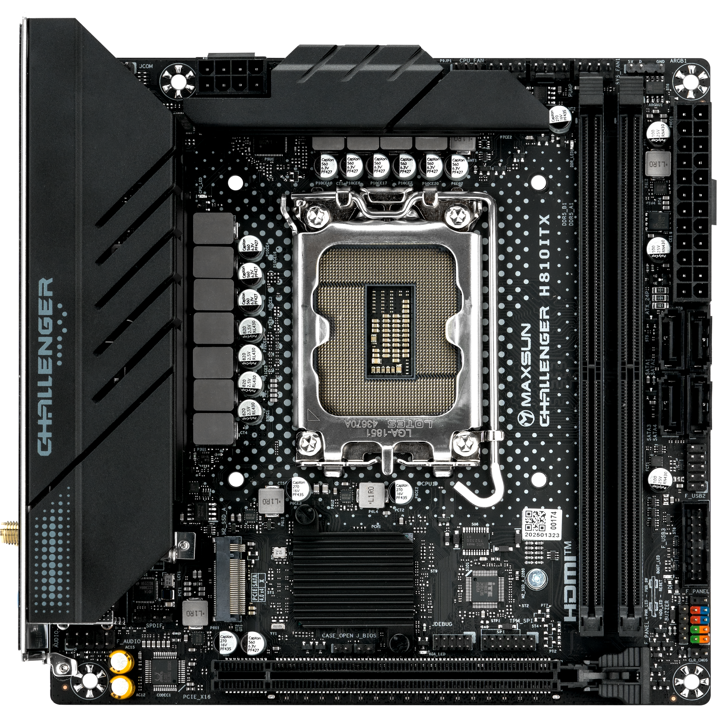 A large main feature product image of MAXSUN Challenger H810ITX WiFi LGA1851 mITX Desktop Motherboard