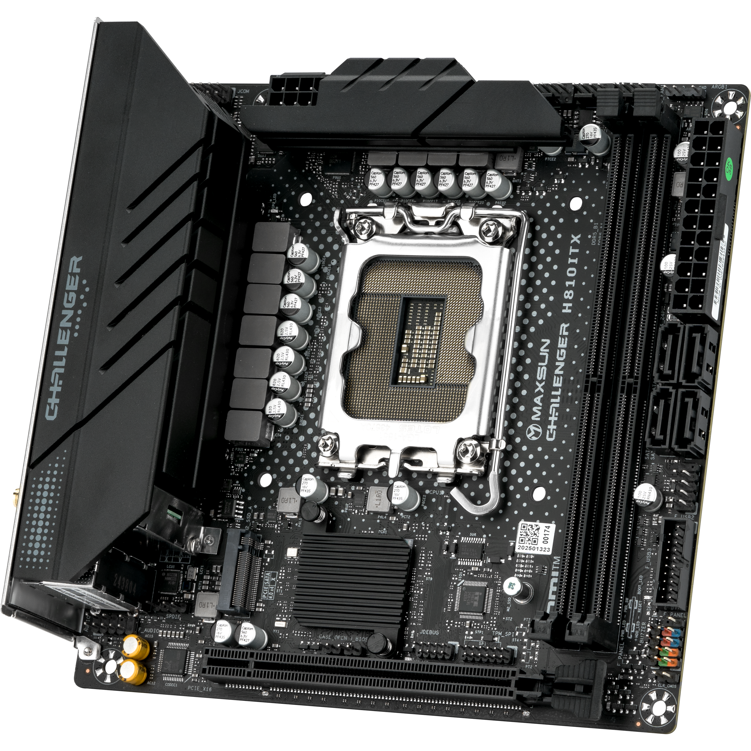 A large main feature product image of MAXSUN Challenger H810ITX WiFi LGA1851 mITX Desktop Motherboard