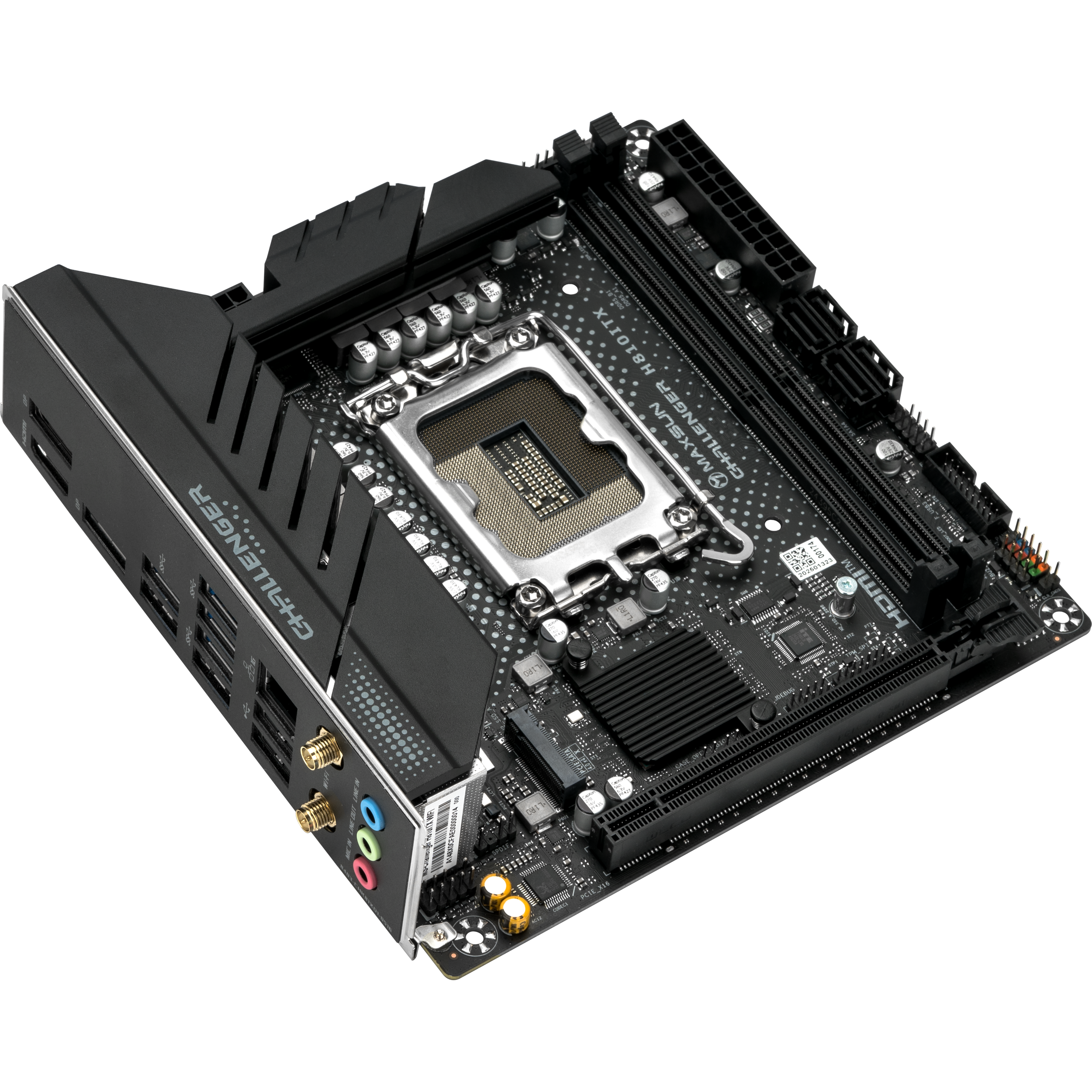 A large main feature product image of MAXSUN Challenger H810ITX WiFi LGA1851 mITX Desktop Motherboard