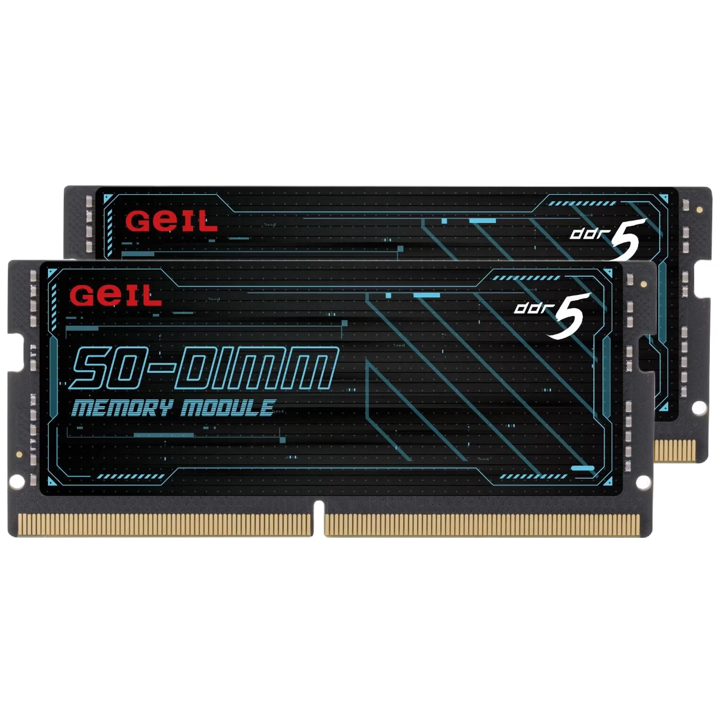 A large main feature product image of GeIL 32GB Kit (2x16GB) DDR5-4800 C40 SO-DIMM (Bulk Packaging)