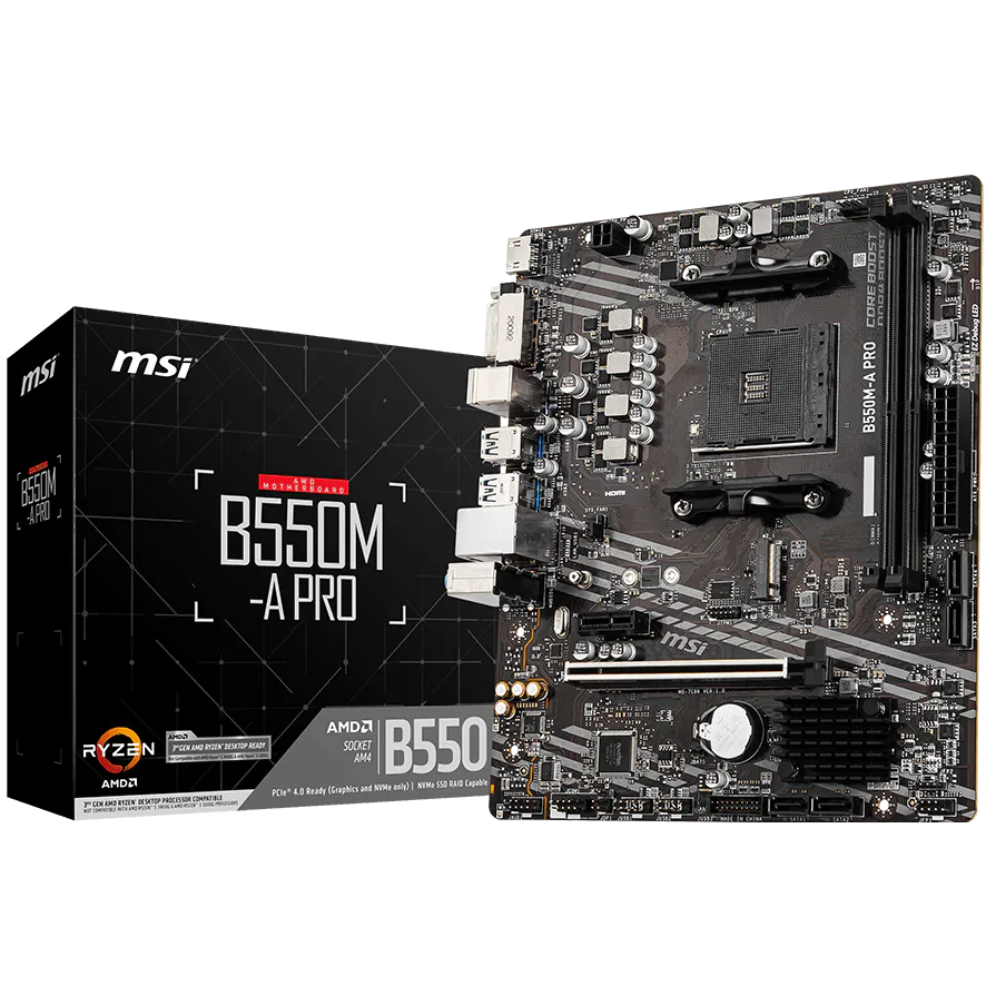 A large main feature product image of EX-DEMO MSI B550M-A PRO AM4 mATX Desktop Motherboard