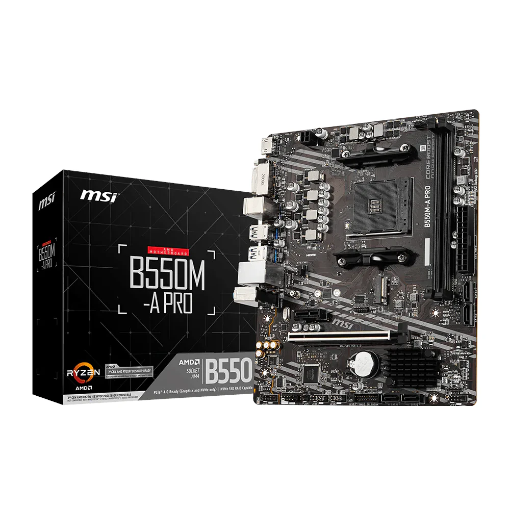 A large main feature product image of EX-DEMO MSI B550M-A PRO AM4 mATX Desktop Motherboard