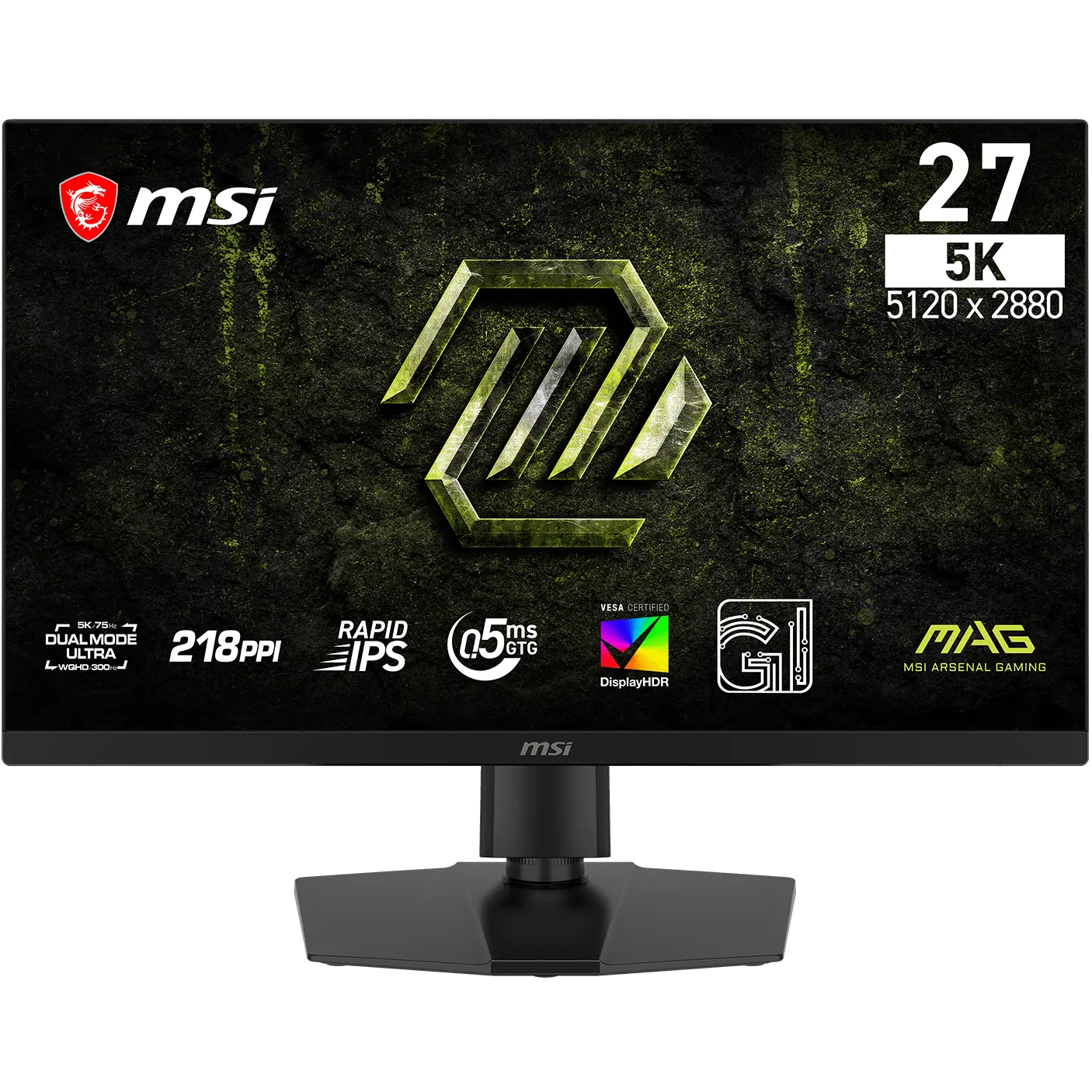 A large main feature product image of MSI MAG 271KPD7 - 27" 5K 2880p  75Hz / 1440p 300Hz 0.5ms Rapid IPS Gaming Monitor