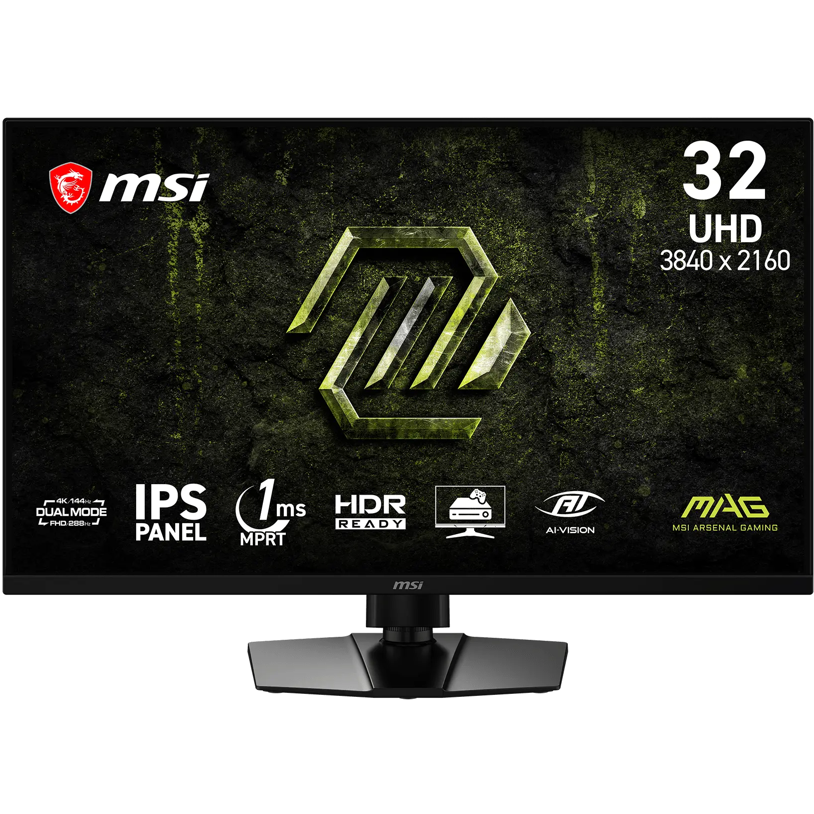 A large main feature product image of MSI MAG 321UPD E14 - 32" 4K 144Hz / 1080p 288Hz 1ms IPS Gaming Monitor