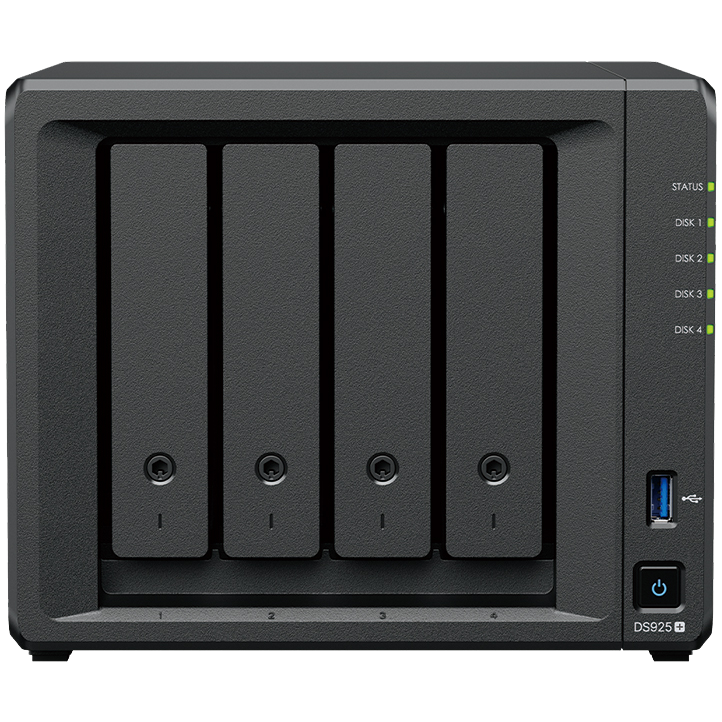 A large main feature product image of Synology DiskStation DS925+ 4-Bay NAS - AMD Quad Core CPU, 4GB, 2x 2.5GbE