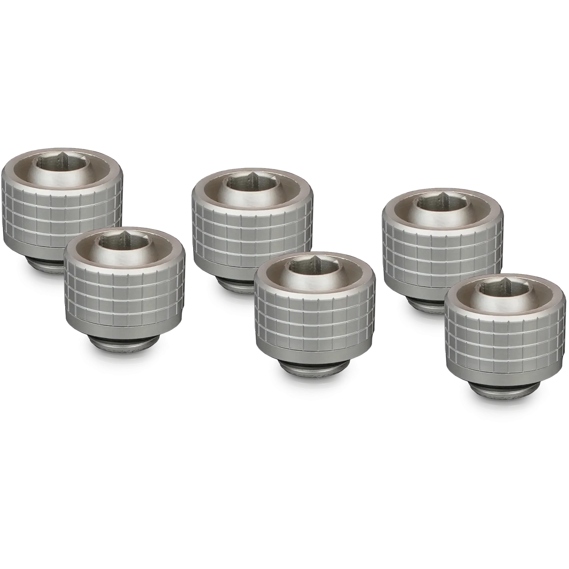 A large main feature product image of Thermal Grizzly DeltaMate ST16 - G1/4" 16mm Soft Tube Compression Fitting 6-Pack (Nickel)