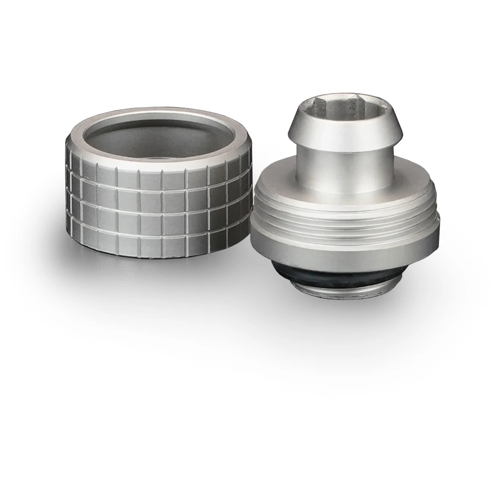 A large main feature product image of Thermal Grizzly DeltaMate ST16 - G1/4" 16mm Soft Tube Compression Fitting 6-Pack (Nickel)
