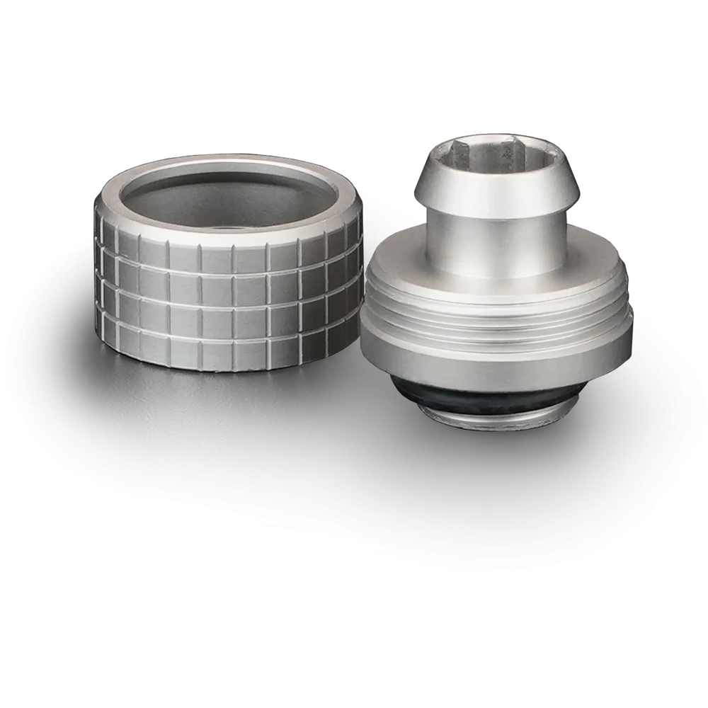 A large main feature product image of Thermal Grizzly DeltaMate ST16 - G1/4" 16mm Soft Tube Compression Fitting 6-Pack (Nickel)