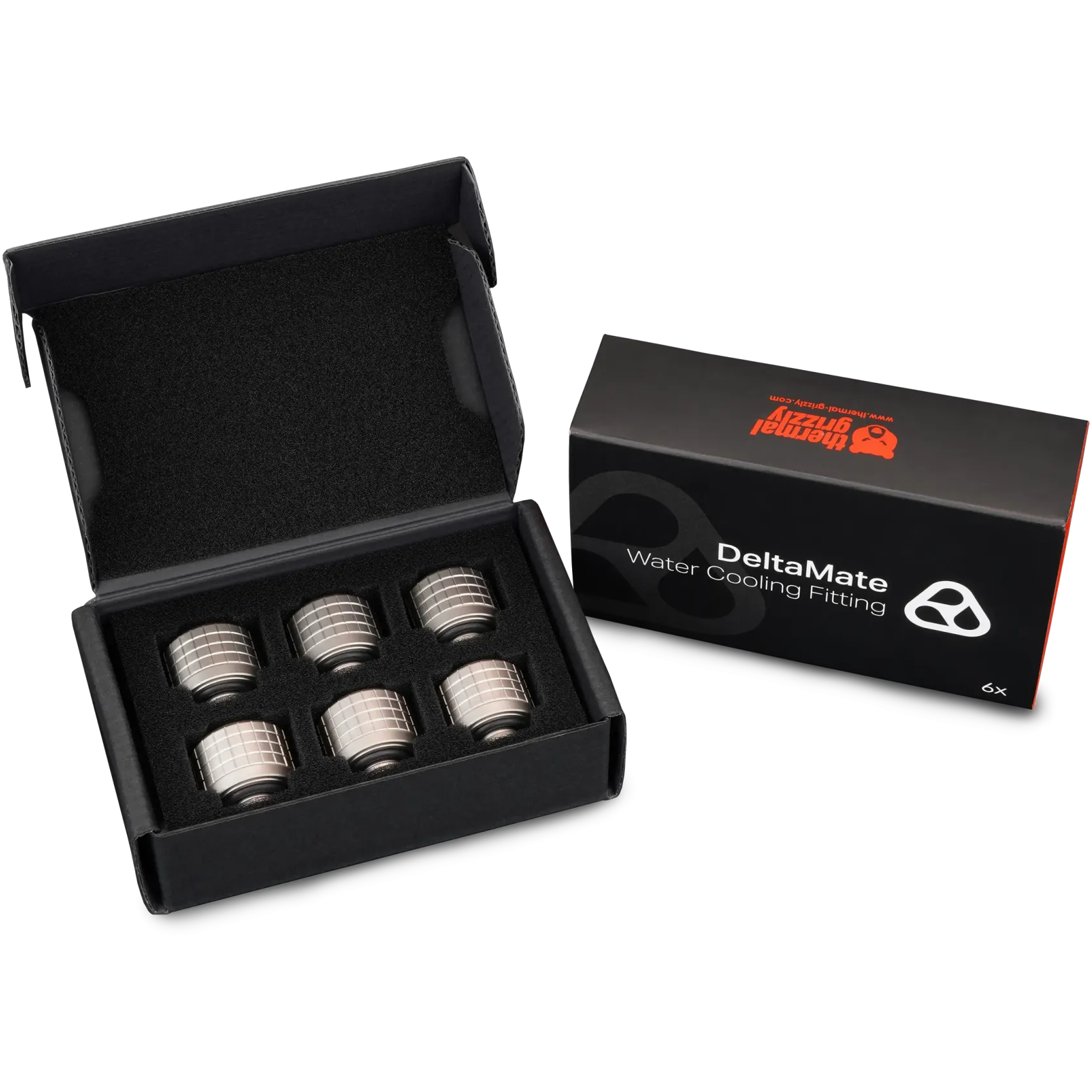 A large main feature product image of Thermal Grizzly DeltaMate ST16 - G1/4" 16mm Soft Tube Compression Fitting 6-Pack (Nickel)