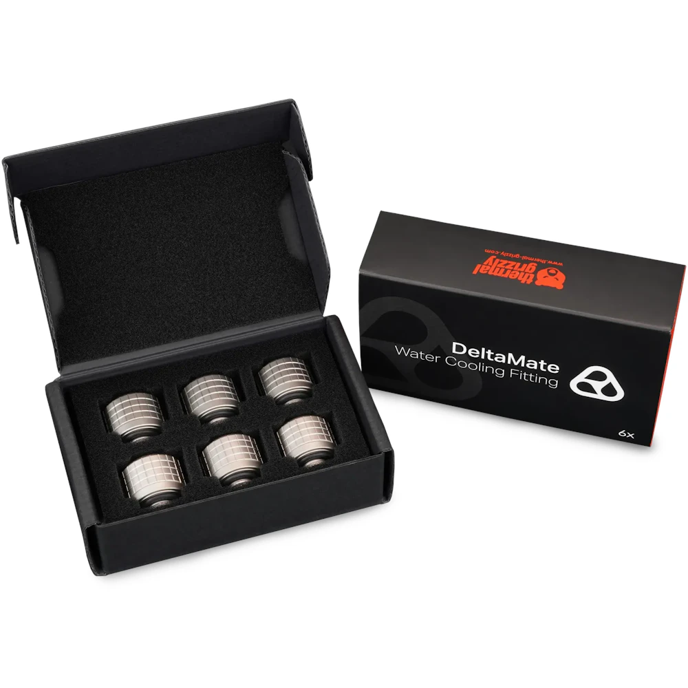 A large main feature product image of Thermal Grizzly DeltaMate ST16 - G1/4" 16mm Soft Tube Compression Fitting 6-Pack (Nickel)