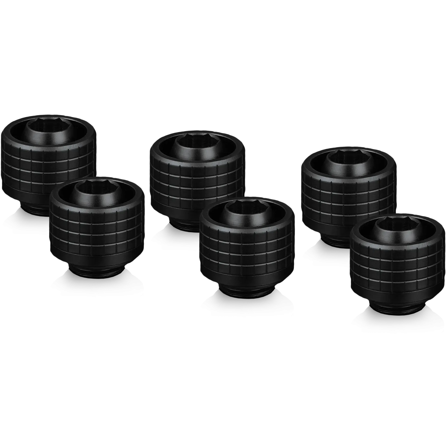 A large main feature product image of Thermal Grizzly DeltaMate ST16 - G1/4" 16mm Soft Tube Compression Fitting 6-Pack (Black)
