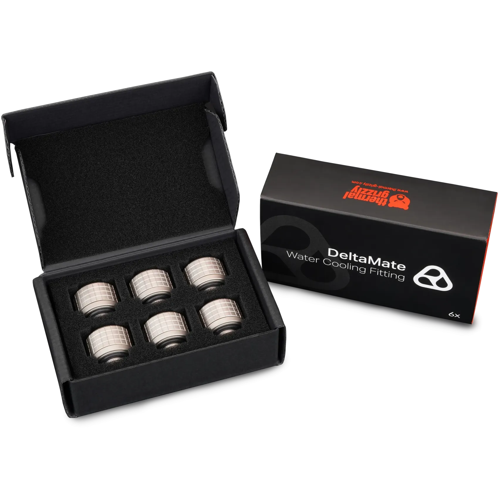 A large main feature product image of Thermal Grizzly DeltaMate ST13 - G1/4" 13mm Soft Tube Compression Fitting 6-Pack (Nickel)