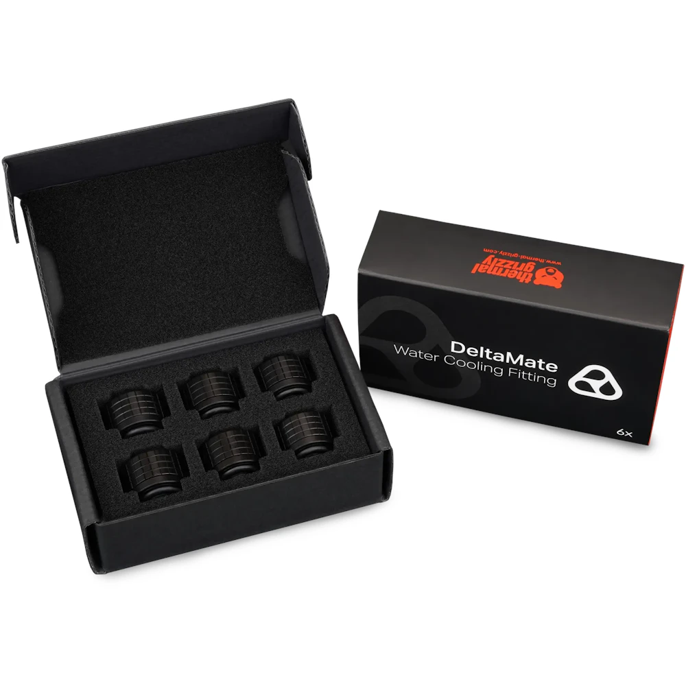 A large main feature product image of Thermal Grizzly DeltaMate ST13 - G1/4" 13mm Soft Tube Compression Fitting 6-Pack (Black)