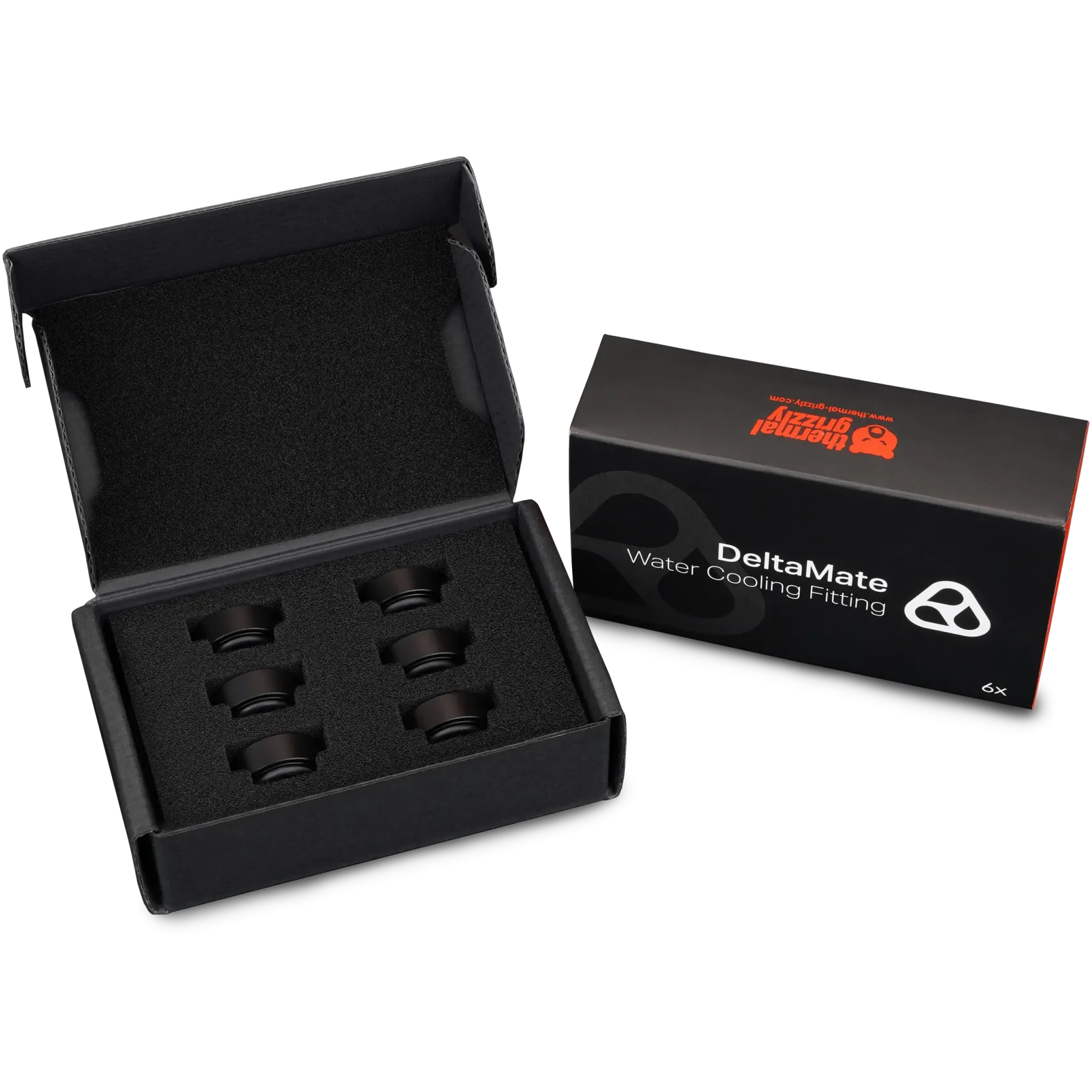 A large main feature product image of Thermal Grizzly DeltaMate Extender MF7 - G1/4" 7mm Extension Fitting 6-Pack (Black)