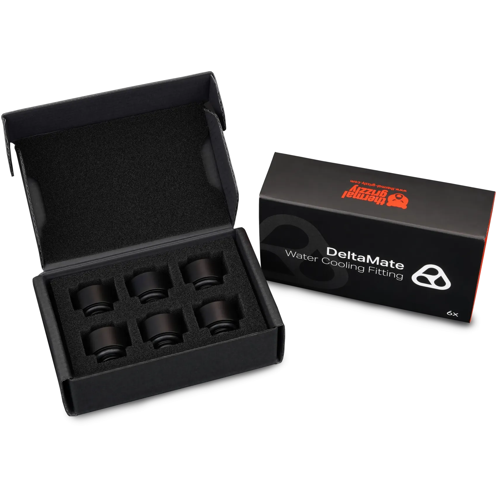 A large main feature product image of Thermal Grizzly DeltaMate Extender MF10 - G1/4" 10mm Extension Fitting 6-Pack (Black)