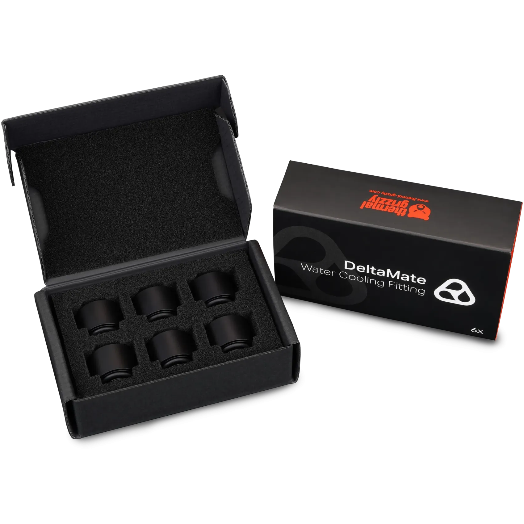 A large main feature product image of Thermal Grizzly DeltaMate Extender MF14 - G1/4" 14mm Extension Fitting 6-Pack (Black)