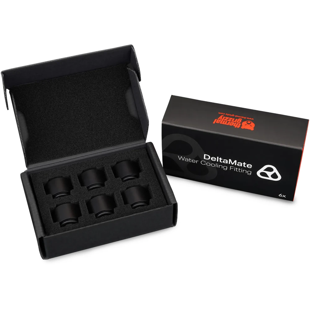 A large main feature product image of Thermal Grizzly DeltaMate Extender MF14 - G1/4" 14mm Extension Fitting 6-Pack (Black)