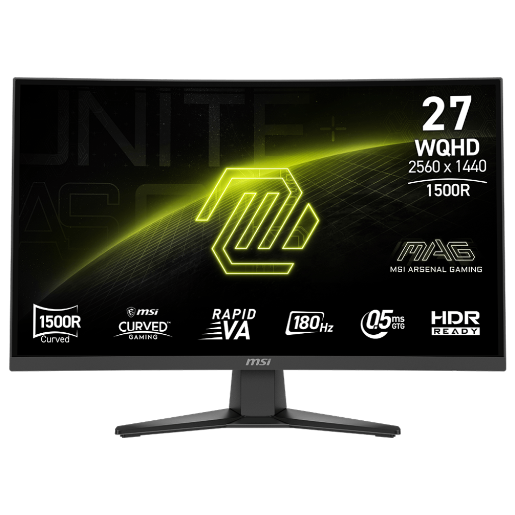 A large main feature product image of EX-DEMO MSI MAG 275CQF E18 - 27" Curved 1440p 180Hz 0.5ms Fast VA Gaming Monitor 