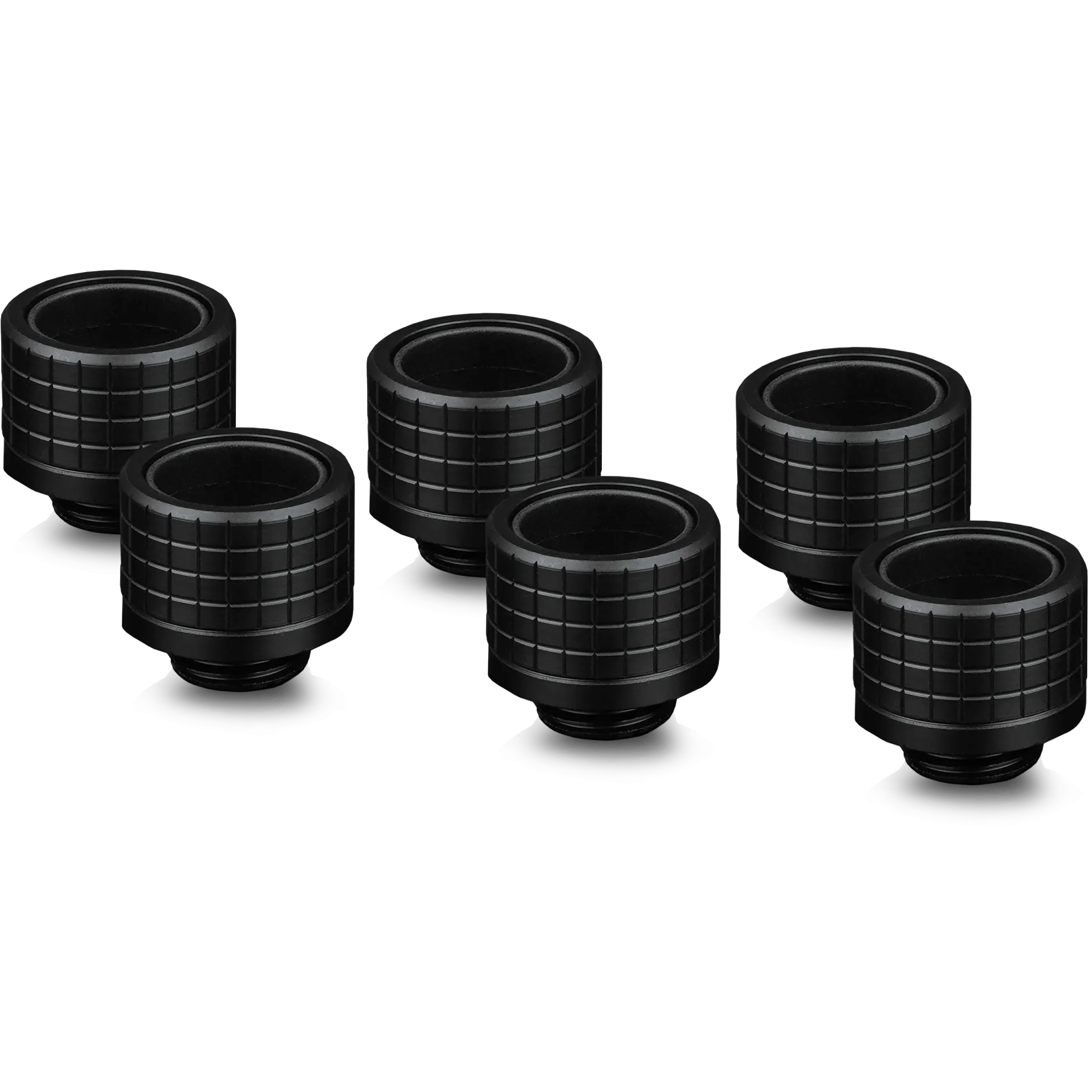 A large main feature product image of Thermal Grizzly DeltaMate HT16 - G1/4" 16mm Hard Tube Compression Fitting 6-Pack (Black)