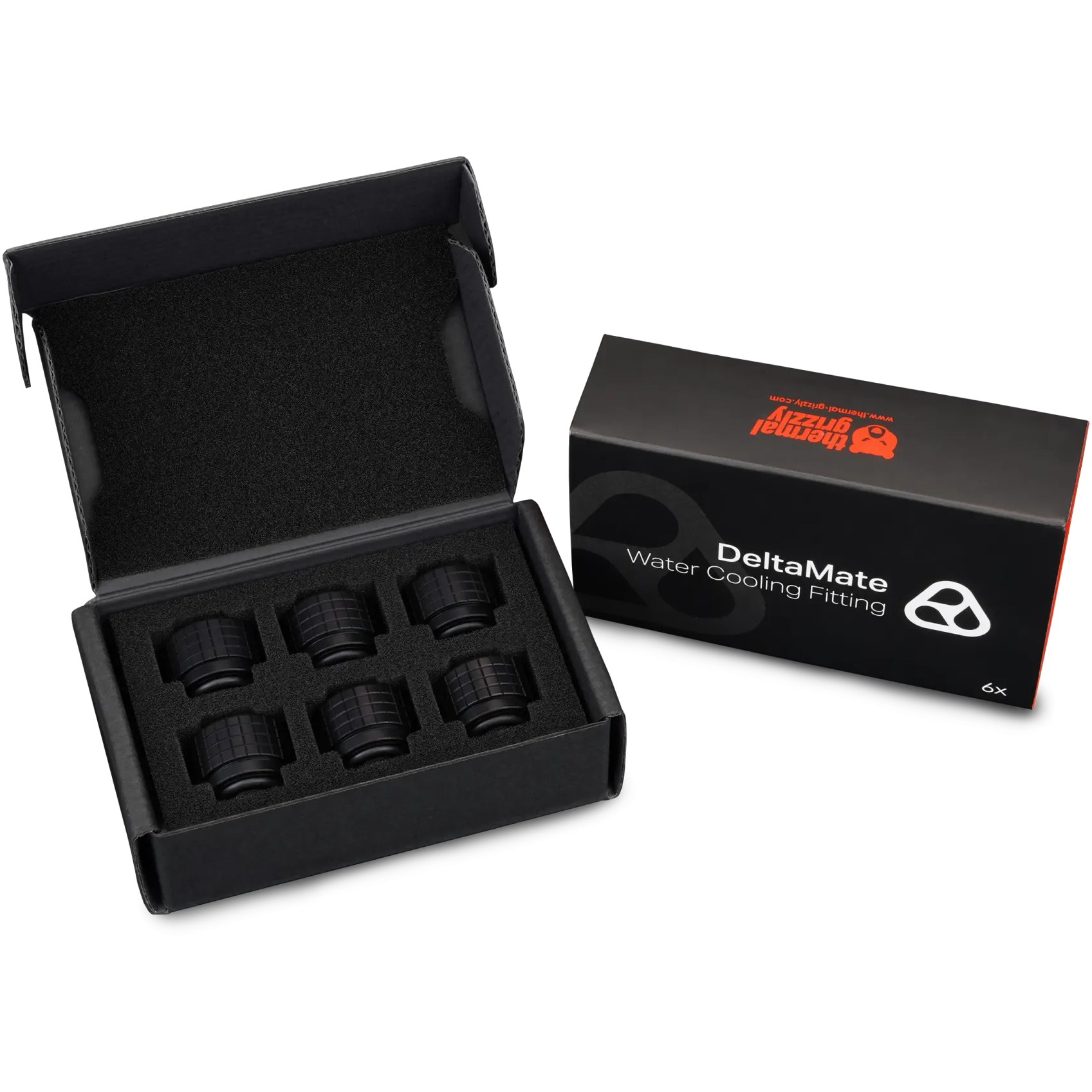 A large main feature product image of Thermal Grizzly DeltaMate HT16 - G1/4" 16mm Hard Tube Compression Fitting 6-Pack (Black)
