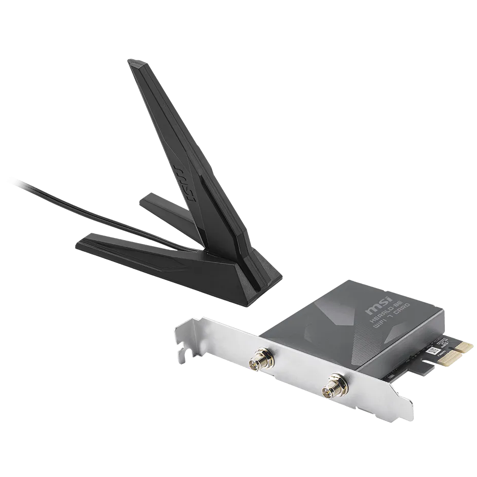 A large main feature product image of EX-DEMO MSI Herald BE9400 Tri-Band Wi-Fi 7 Bluetooth 5.4 PCIe Adapter Card