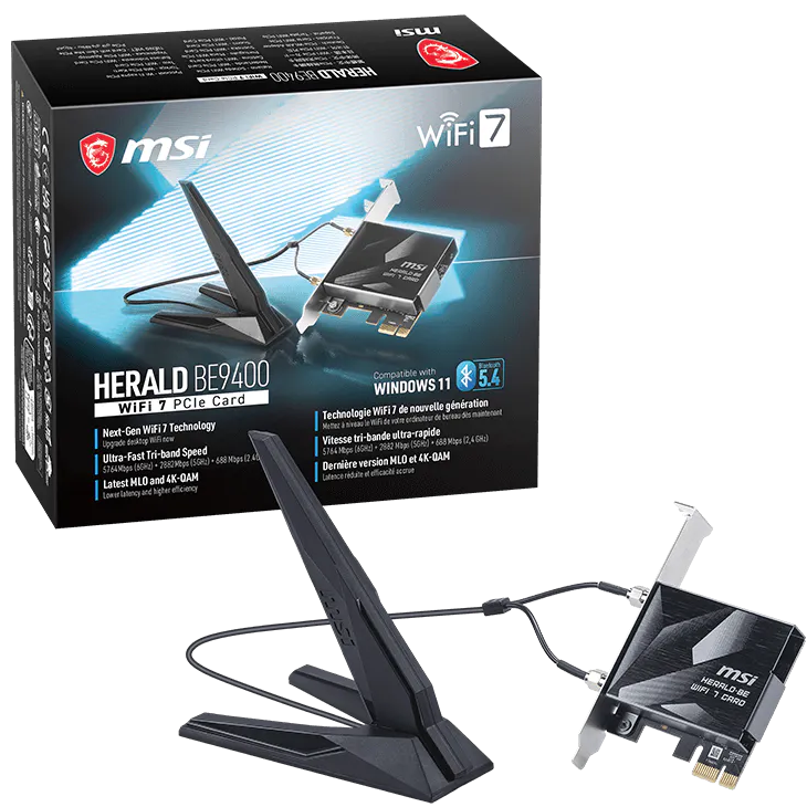 A large main feature product image of EX-DEMO MSI Herald BE9400 Tri-Band Wi-Fi 7 Bluetooth 5.4 PCIe Adapter Card