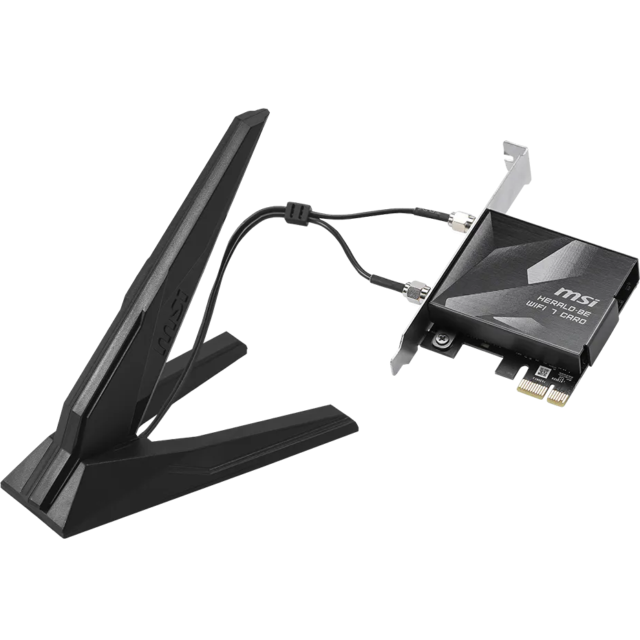 A large main feature product image of EX-DEMO MSI Herald BE9400 Tri-Band Wi-Fi 7 Bluetooth 5.4 PCIe Adapter Card