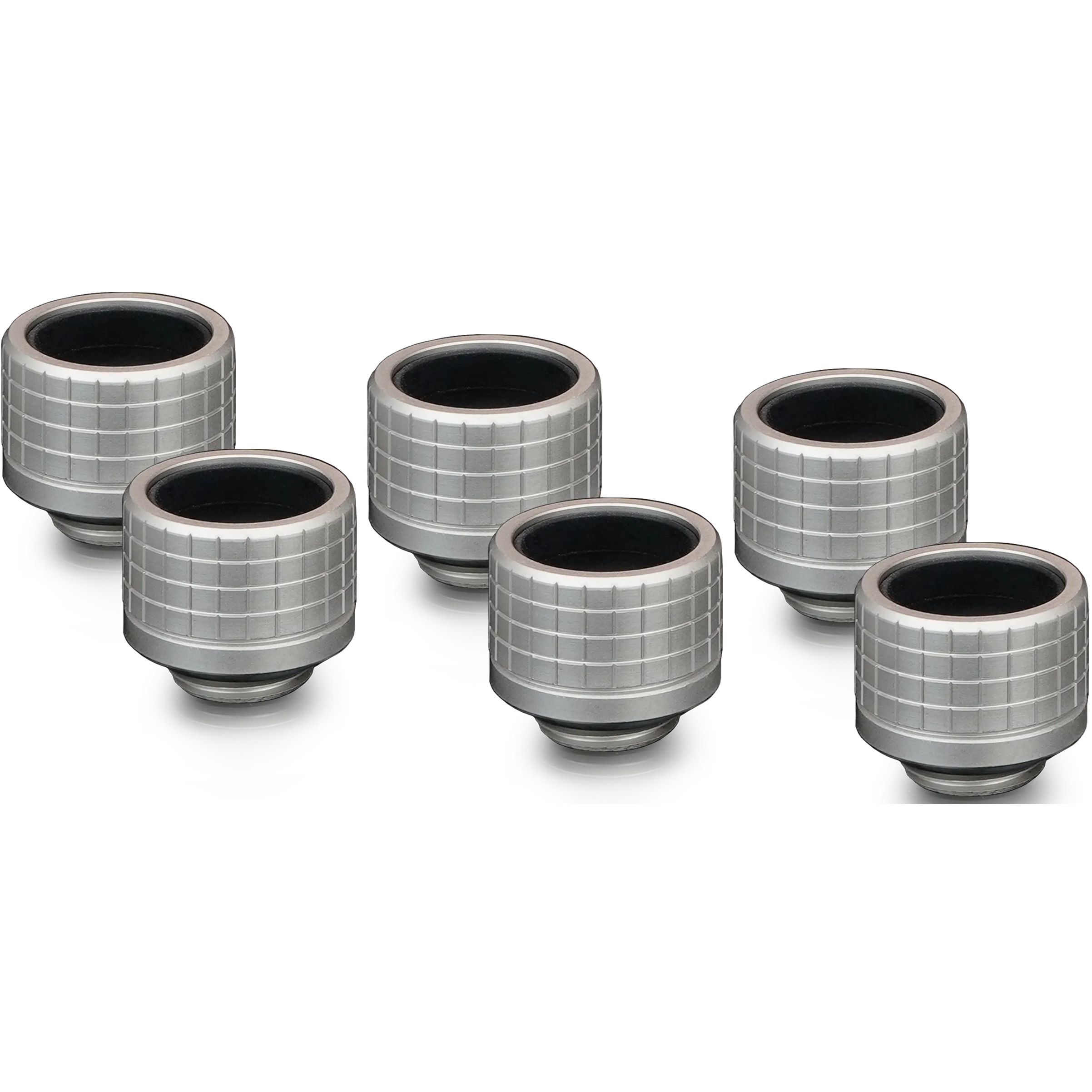 A large main feature product image of Thermal Grizzly DeltaMate HT16 - G1/4" 16mm Hard Tube Compression Fitting 6-Pack (Nickel)