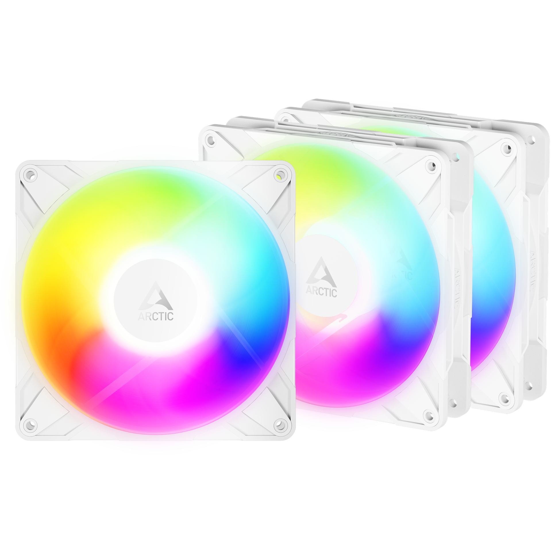 A large main feature product image of EX-DEMO ARCTIC P14 Pro Reverse ARGB 140mm Performance PWM Fan 3-Pack (White)