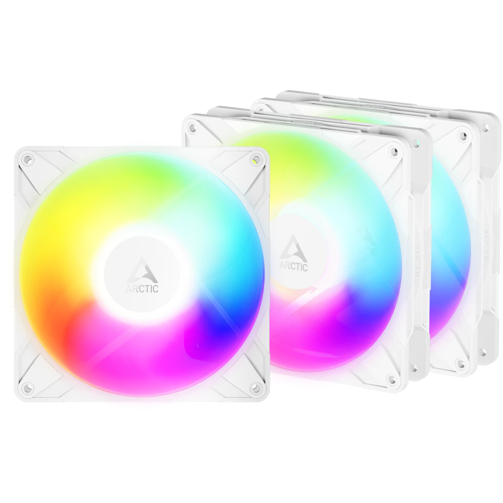 A large main feature product image of EX-DEMO ARCTIC P14 Pro Reverse ARGB 140mm Performance PWM Fan 3-Pack (White)