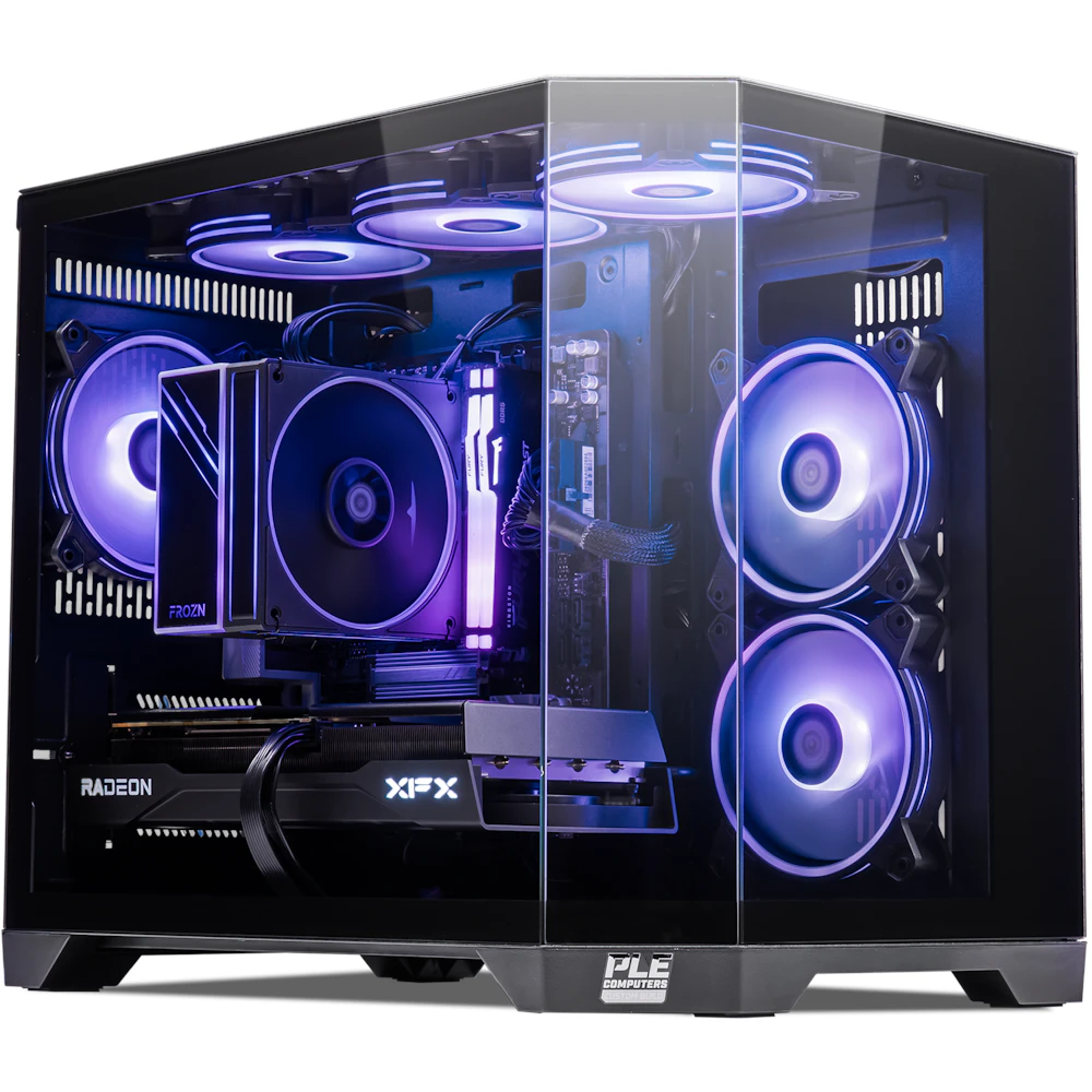 A large main feature product image of PLE Orbit RX 9060 XT Prebuilt Ready To Go Gaming PC