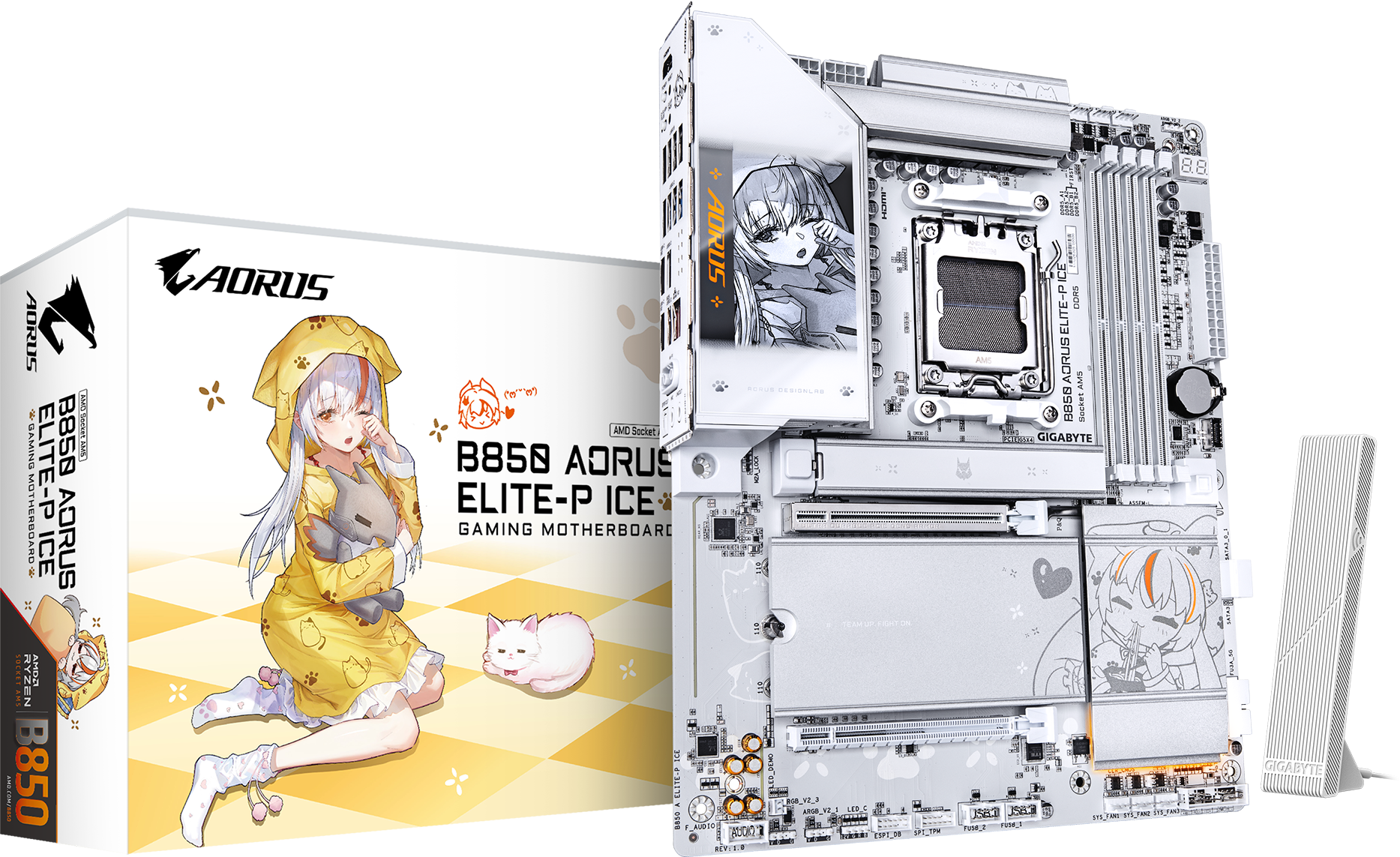 A large main feature product image of Gigabyte B850 AORUS ELITE-P ICE AM5 ATX Desktop Motherboard - Ari Edition