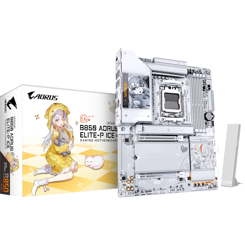 A large main feature product image of Gigabyte B850 AORUS ELITE-P ICE AM5 ATX Desktop Motherboard - Ari Edition