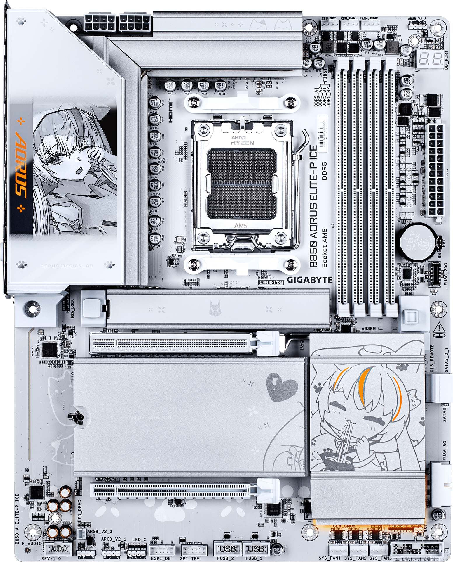A large main feature product image of Gigabyte B850 AORUS ELITE-P ICE AM5 ATX Desktop Motherboard - Ari Edition