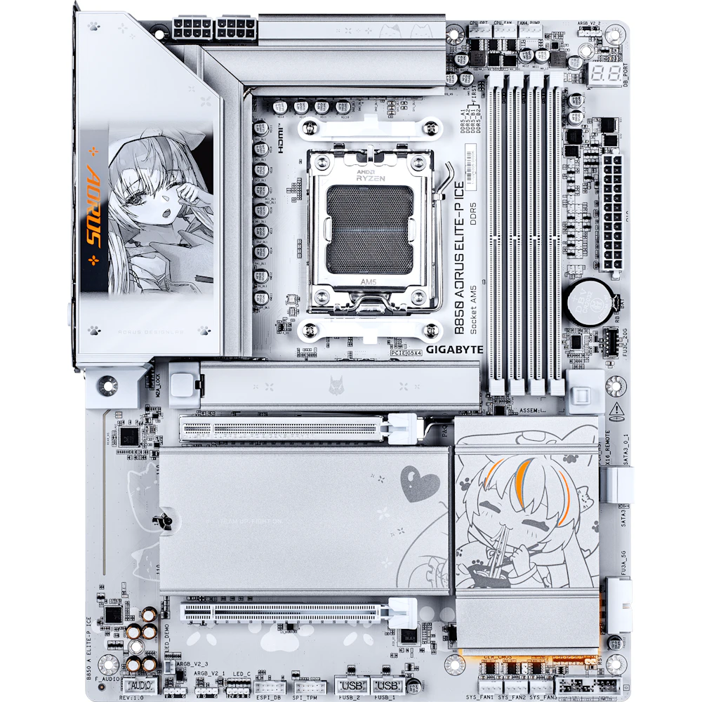 A large main feature product image of Gigabyte B850 AORUS ELITE-P ICE AM5 ATX Desktop Motherboard - Ari Edition