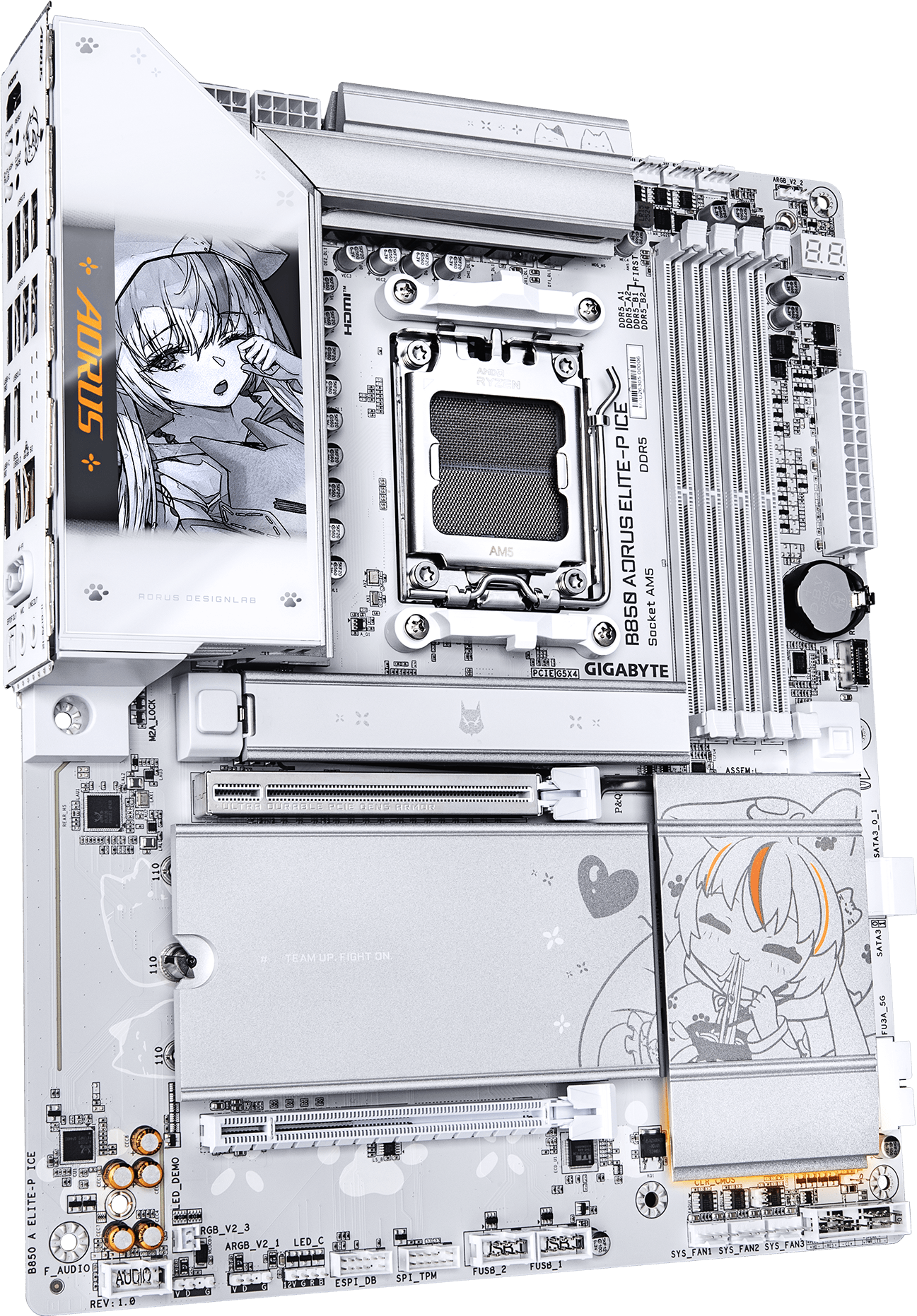 A large main feature product image of Gigabyte B850 AORUS ELITE-P ICE AM5 ATX Desktop Motherboard - Ari Edition