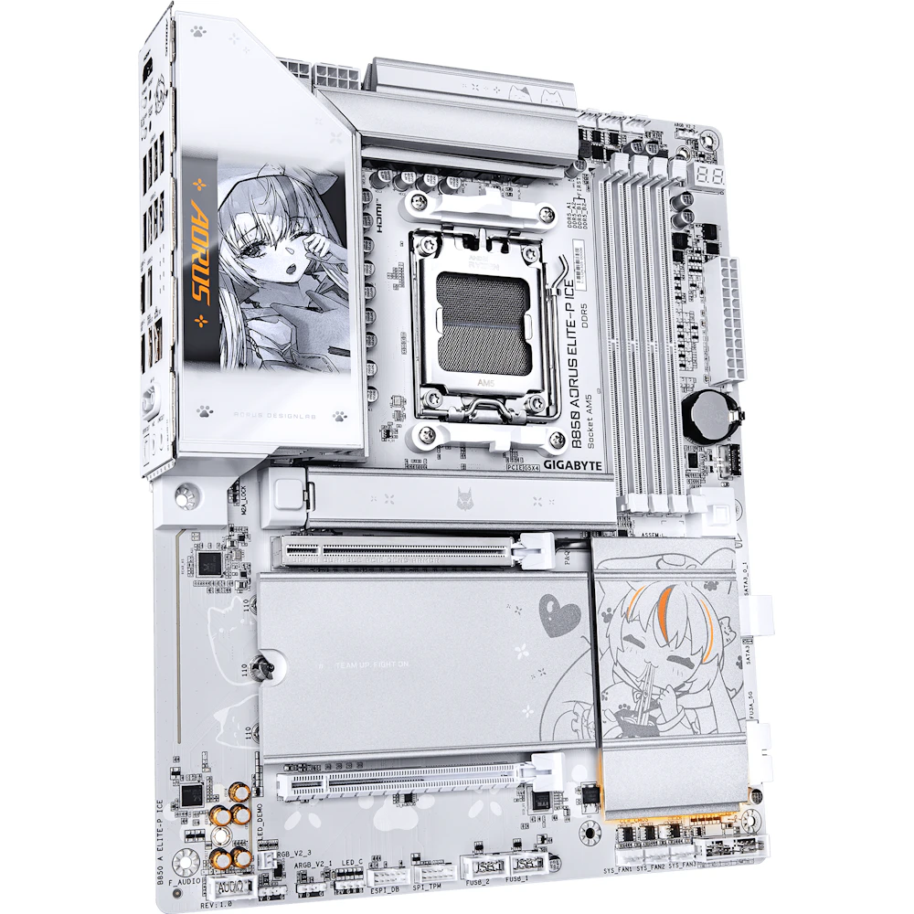 A large main feature product image of Gigabyte B850 AORUS ELITE-P ICE AM5 ATX Desktop Motherboard - Ari Edition