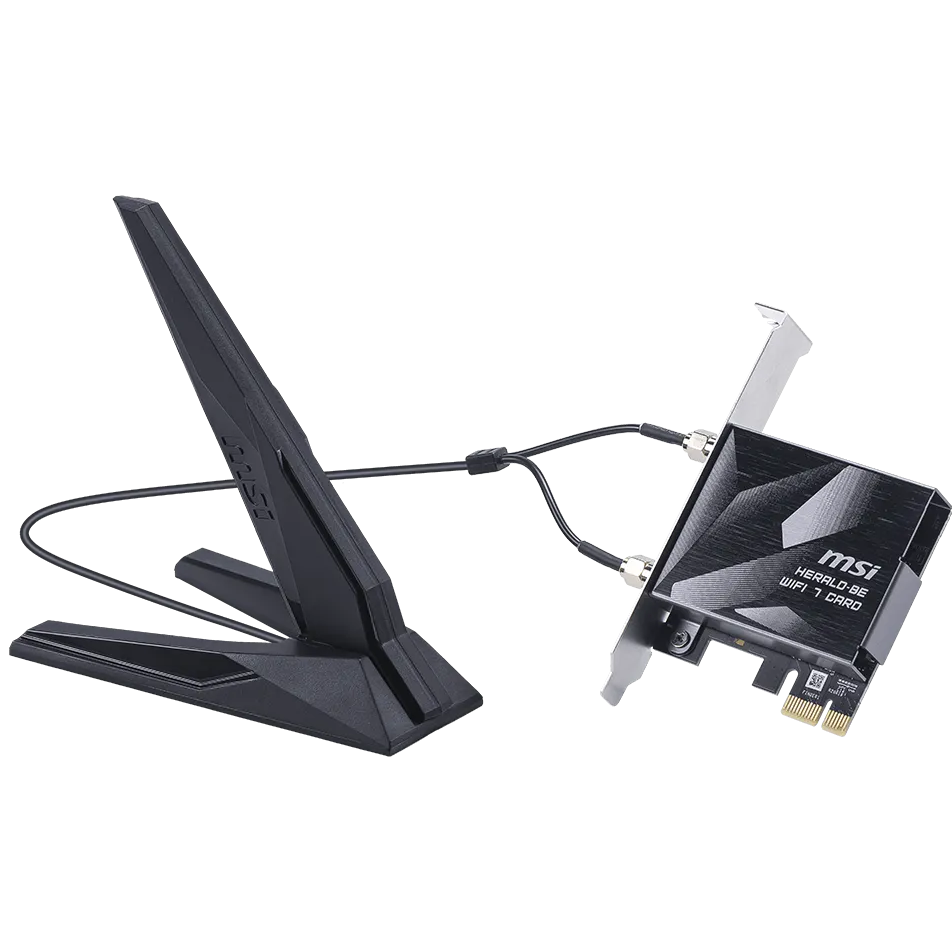 A large main feature product image of EX-DEMO MSI Herald BE9400 Tri-Band Wi-Fi 7 Bluetooth 5.4 PCIe Adapter Card