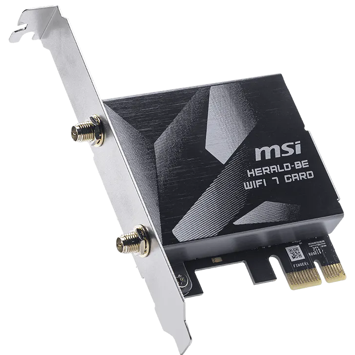 A large main feature product image of EX-DEMO MSI Herald BE9400 Tri-Band Wi-Fi 7 Bluetooth 5.4 PCIe Adapter Card