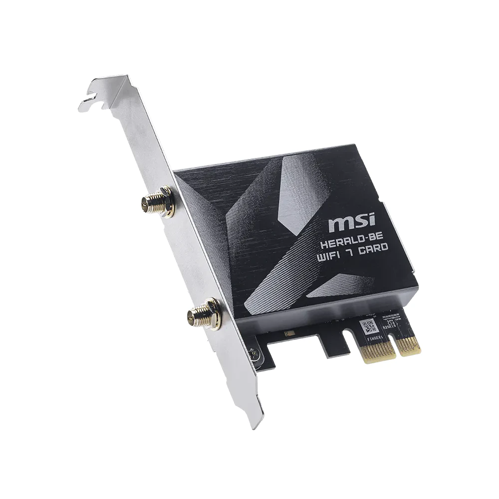 A large main feature product image of EX-DEMO MSI Herald BE9400 Tri-Band Wi-Fi 7 Bluetooth 5.4 PCIe Adapter Card