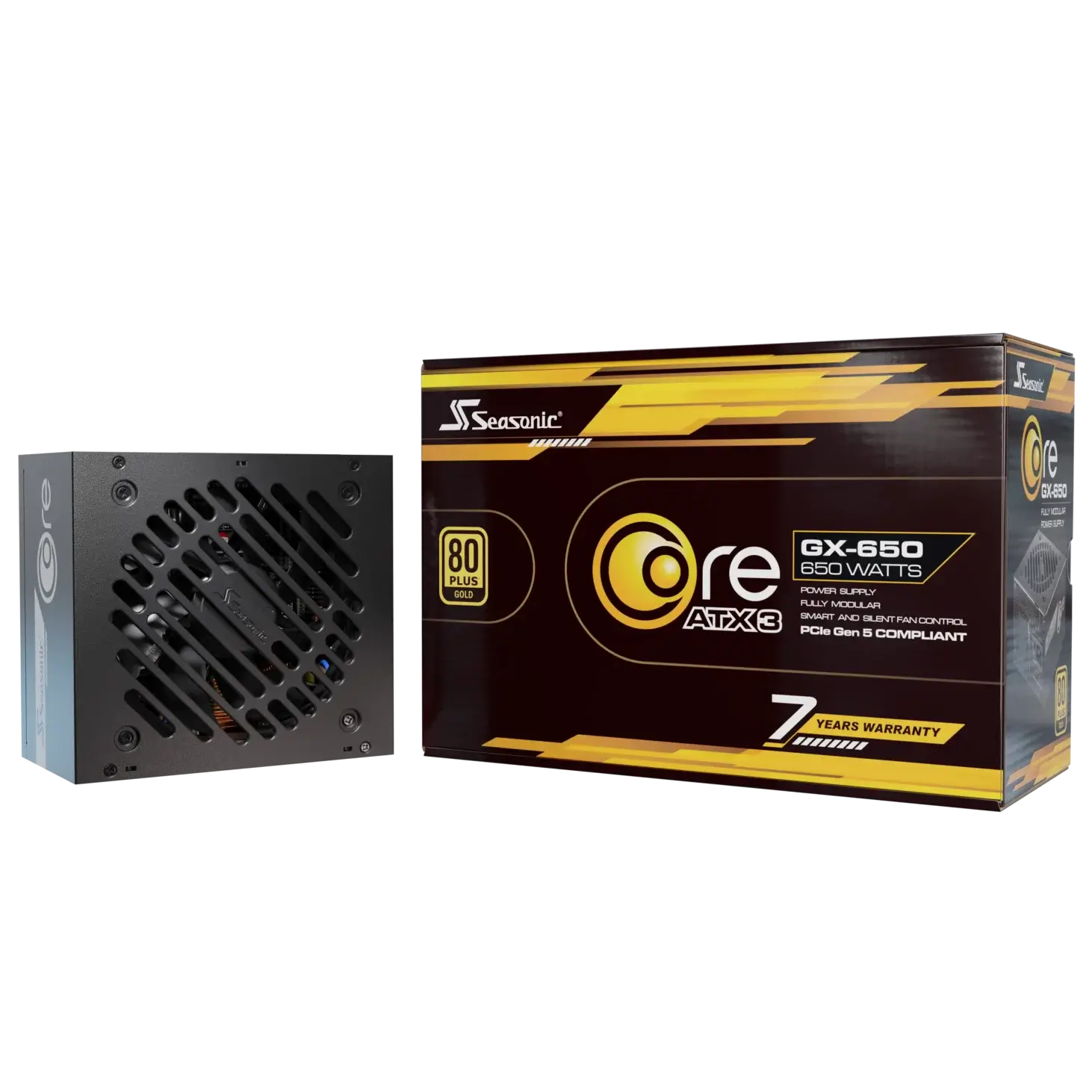 A large main feature product image of EX-DEMO Seasonic CORE GX 650W Gold PCIe 5.1 ATX 3.1 Modular PSU