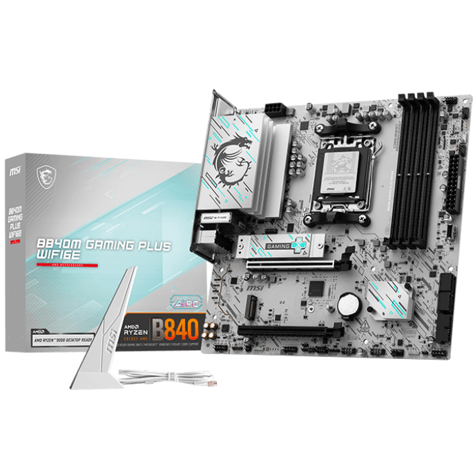 A large main feature product image of EX-DEMO MSI B840M Gaming Plus WiFi6E AM5 mATX Desktop Motherboard