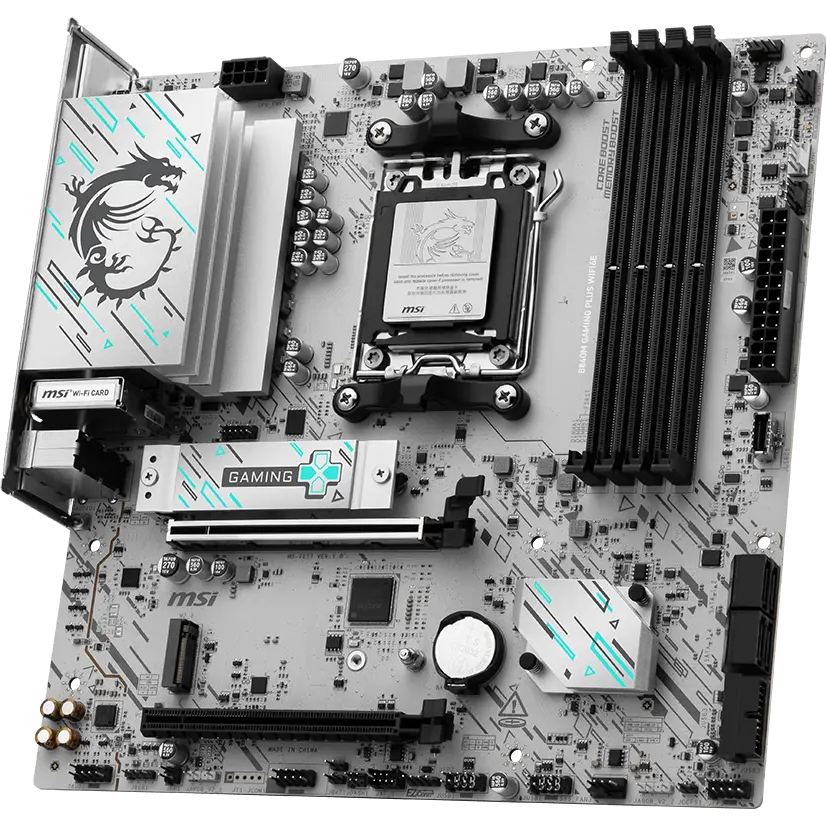 A large main feature product image of EX-DEMO MSI B840M Gaming Plus WiFi6E AM5 mATX Desktop Motherboard